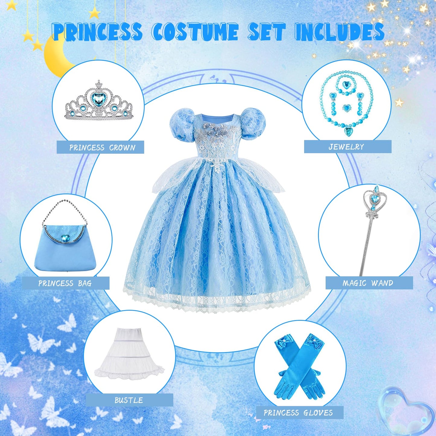 LJNYIE Princess Dresses for Girls-Girls Blue Princess Costume Puff Sleeve 3-11 Year Old for Birthday Christmas Party（8-9 Years）