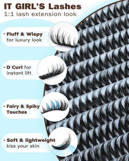 Goddvenus Fluffy Wispy Lash Clusters Kit Natural Eyelashes Clusters D Curl Cluster Eyelash Extensions Lightweight Individual Lashes DIY Eyelash Extension Kit with Waterproof Lash Cluster Glue