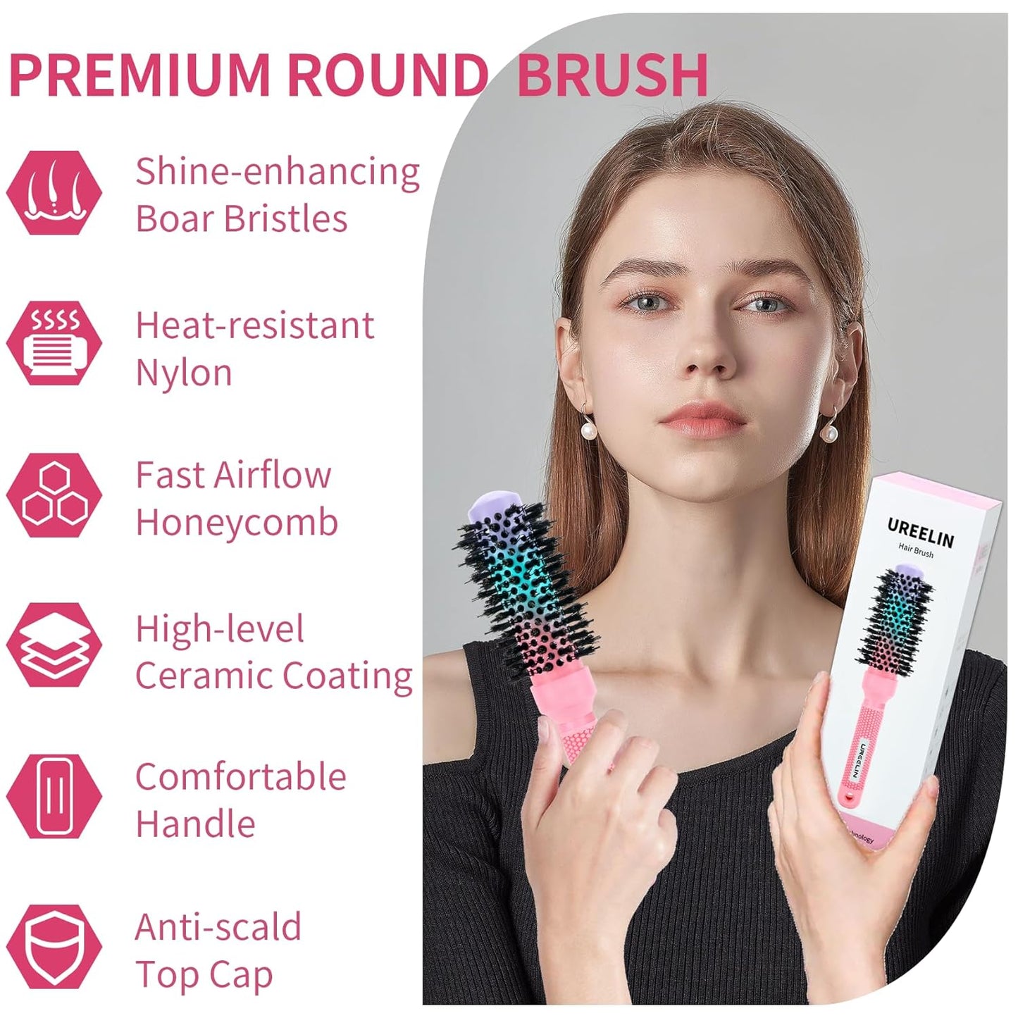 UREELIN Round Brush - 1.3 Inch Nano Thermal Ceramic & Ionic Hair Brush with Boar Bristles for Volumizing & Smooth Styling