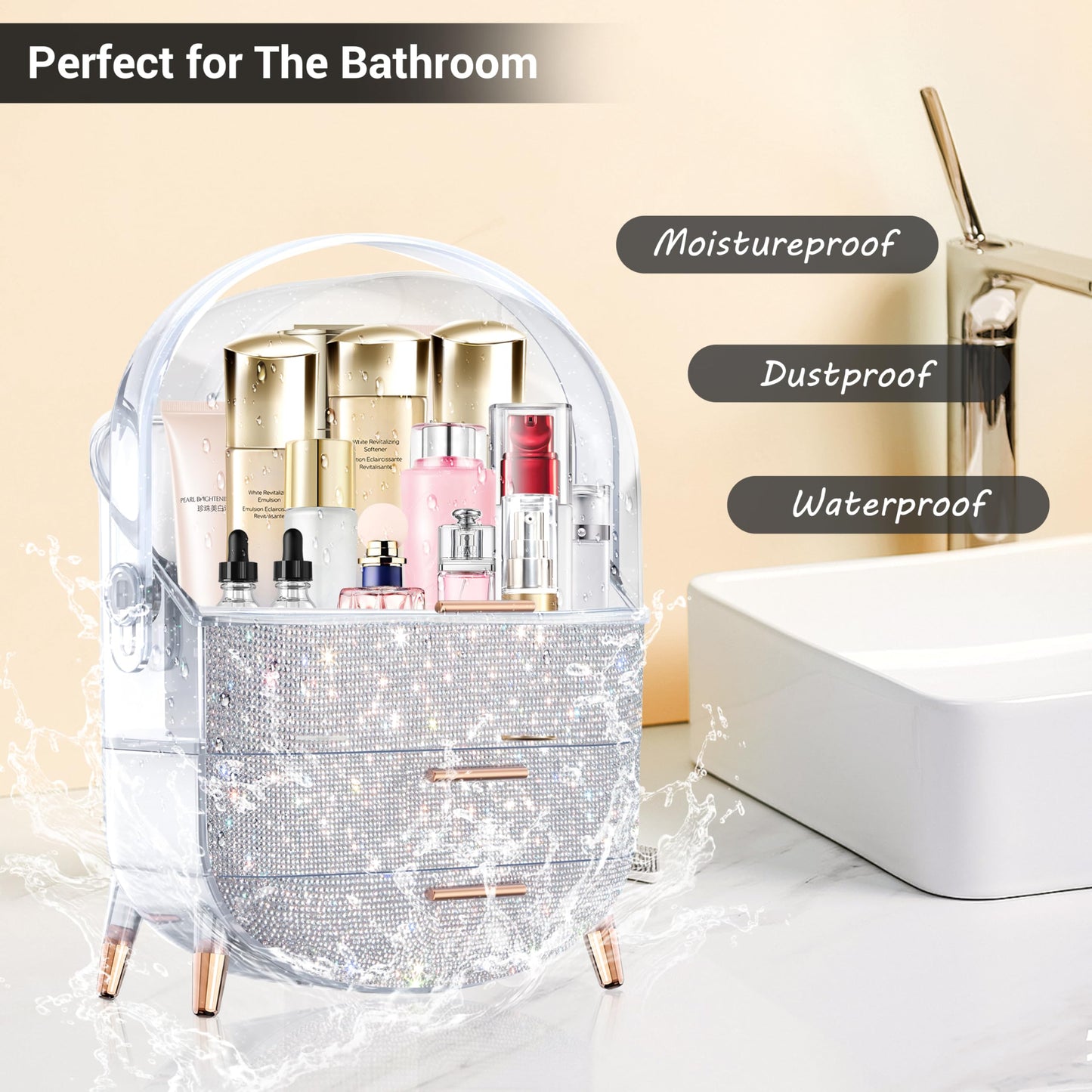 MASSY Egg Shape(Oval) Makeup Storage Box, Countertop Portable Vanity Cosmetics Organizer Preppy Style