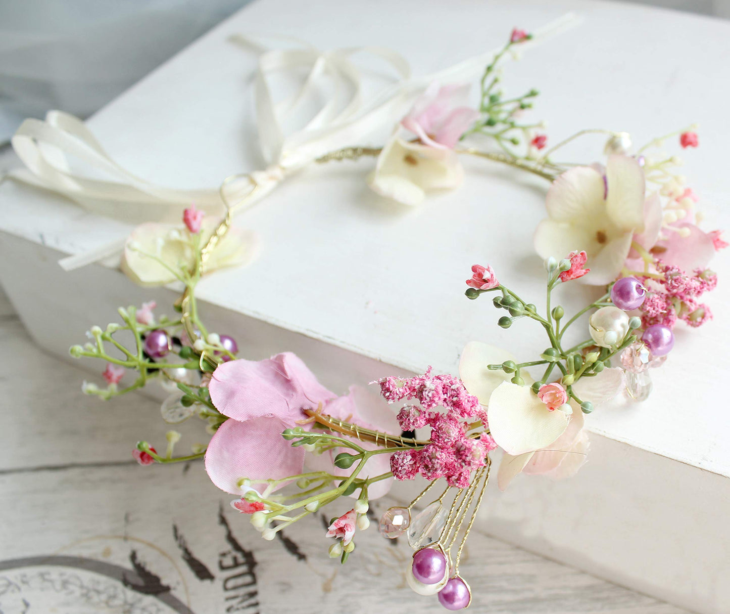 Vivivalue Pearl Flower Crown Floral Garland Headband Flower Halo Headpiece Hair Wreath Boho with Ribbon Wedding Party Photos Festival Pink