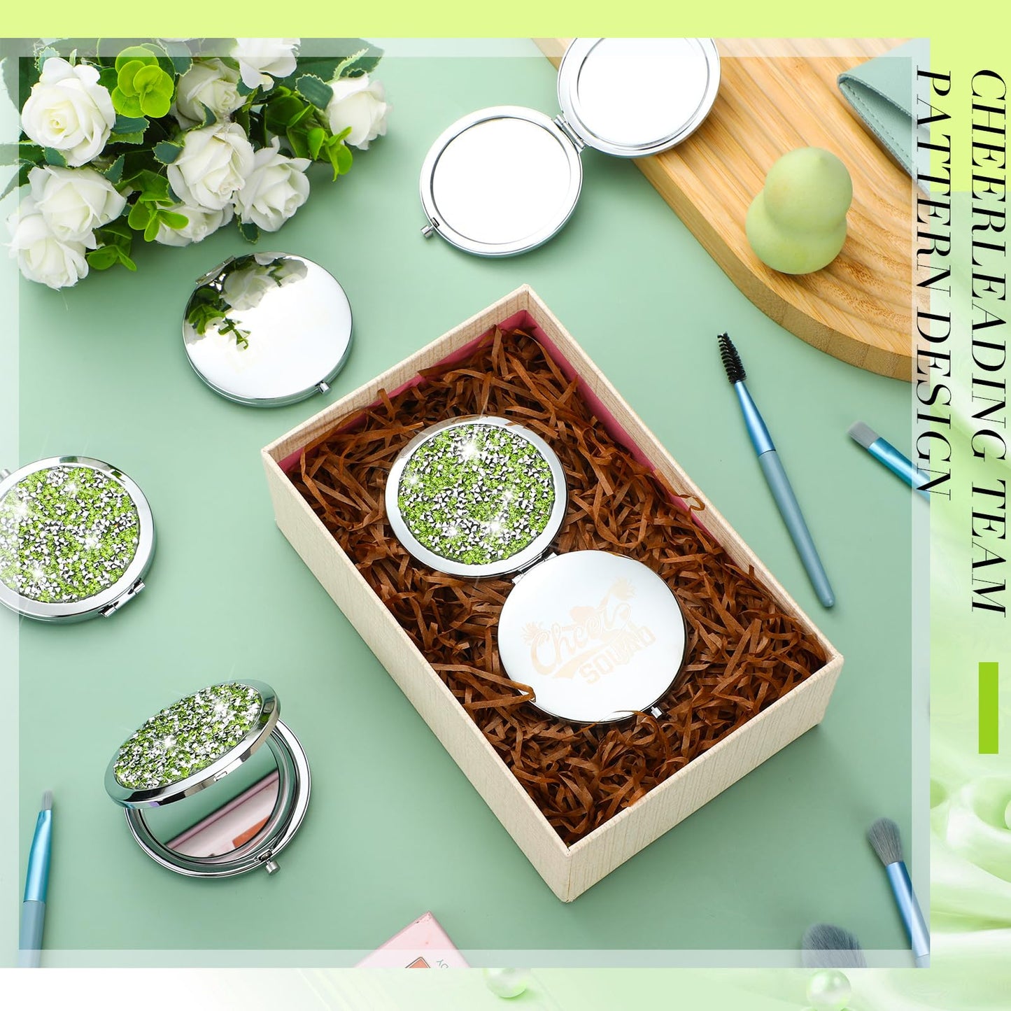 Sintuff 12 Pcs Cheer Gifts for Cheerleaders Compact Mirror Bulk for Cheer Team Coach Cheerleading Gifts Folding Pocket Cosmetic Purse Mirror Accessories(Green, Silver)