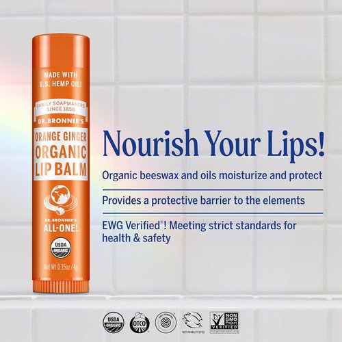 Dr. Bronner’s Organic Lip Balm - Moisturizing & Natural Petroleum-Free Formula | 6-Pack (.15oz) - Orange Ginger