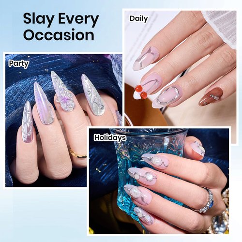 Beetles 3D Gel Nail Art, Sculpting Gel 3 in 1 Clear No Wipe Nail Polish Rhinestone Art Glue Gel for Drawing, Molding, Gems and Decoration with Silver Chrome Nail Powder for DIY Nail Designs, 15g