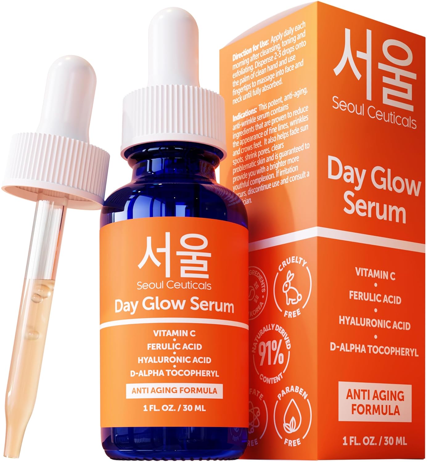SeoulCeuticals 20% Vitamin C Serum | Hyaluronic Acid & CE Ferulic Acid for Anti-Aging - 1oz