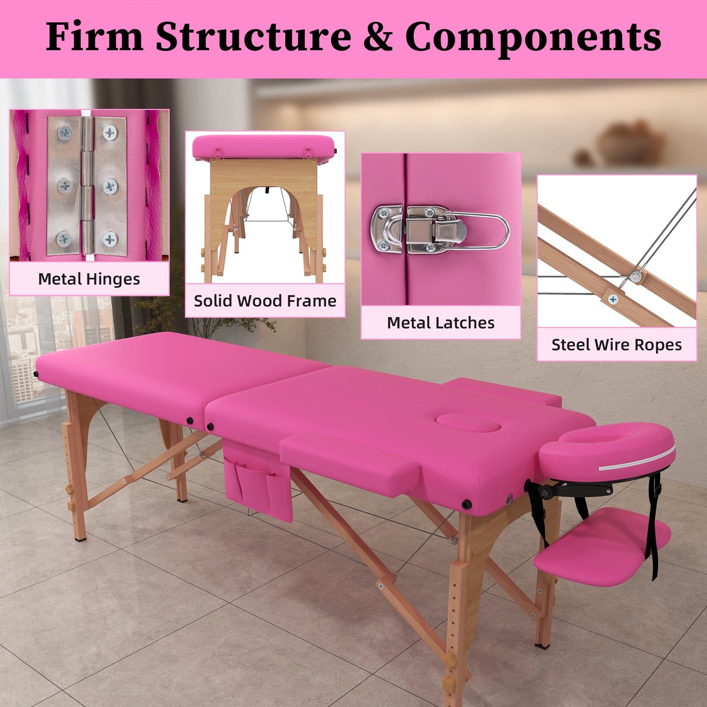 civama Massage Table Massage Bed Portable, 29 LBs Light Weight 2 Section Foldable Tattoo Bed Facial Care Spa Lash Bed Height Adjustable Sturdy Wooden Frame with Accessories Carrying Bag, Pink