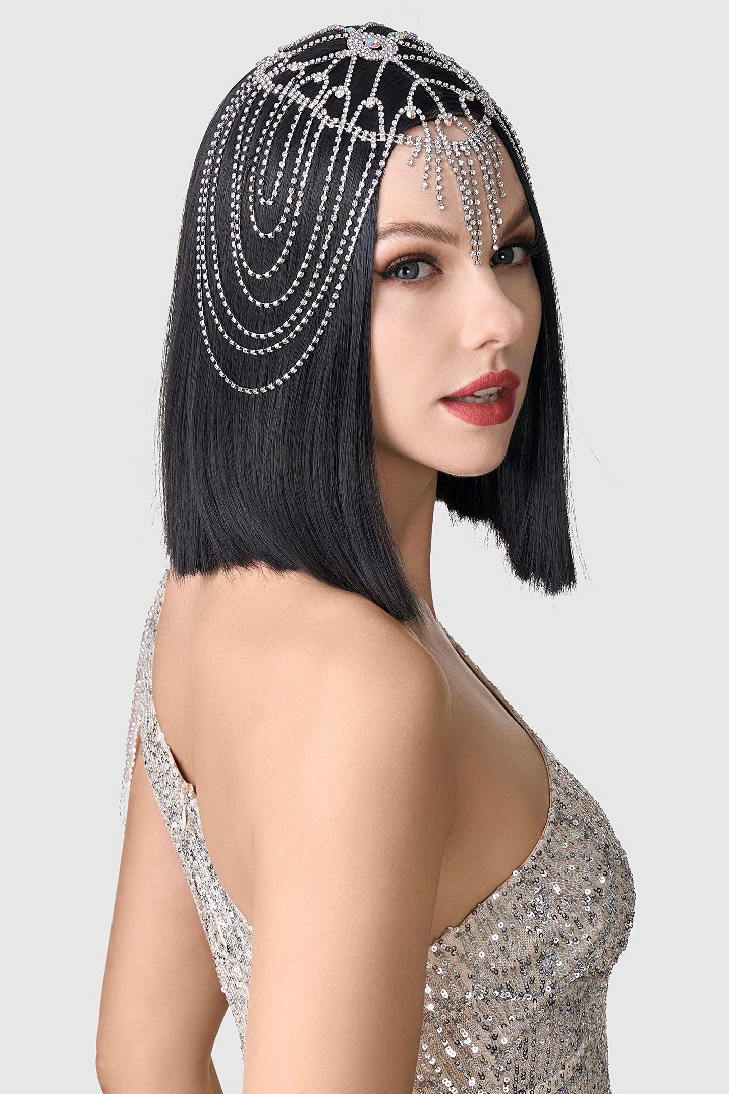 BABEYOND Vintage Style Roaring 20s Crystal Rhinestone Flapper Cap Headpiece Head Jewelry Chains