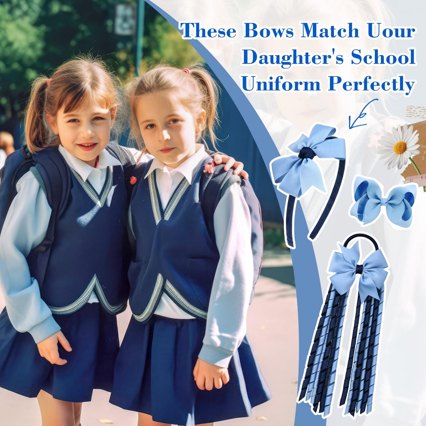 DEEKA Light Blue & Navy School Hair Accessories Set 13 Pcs Uniform Hair Bow Headband Clips Hair Ties Curly Korker Bows for Little Toddler School Girls (Light Blue&Navy)