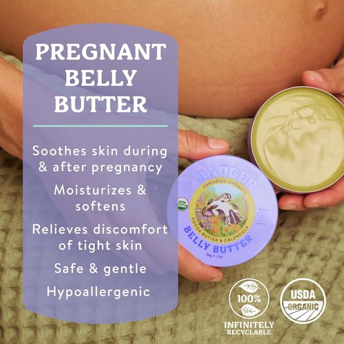 Badger Belly Butter - Organic Stretch Mark Cream for Pregnant Women | Hypoallergenic Cocoa & Coconut, 2 oz Tin