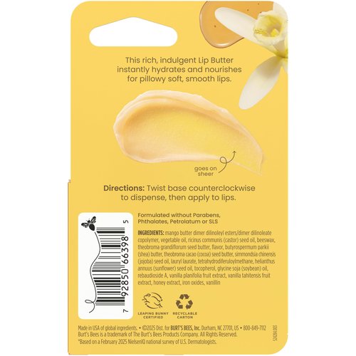 Burt's Bees Vanilla Honey Lip Butter, Repairs Dry Lips, 24 Hour Hydration, Locks in Moisture, Includes Shea and Mango Butters, Antioxidant Rich Vitamin E, Convenient Twist Up Dispenser, 0.5 Oz.
