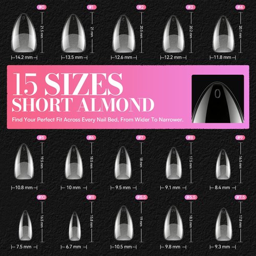 Makartt Short Almond Nail Tips: 504PCS Pre Etched Clear False Nails Tips Almond Shapes, 15 Sizes Full Cover Half Matte Soft Acrylic Press On Nail Extensions Supplies Salon and DIY at Home