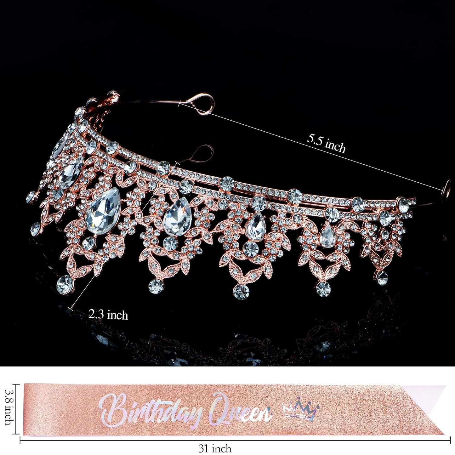 Atoden Birthday Crown and Birthday Queen Sash Rose Gold Tiara Birthday Girls Women Crystal Crown Princess Birthday Party Decorations Rhinestone Happy Birthday Accessories for Party Birthday Gifts