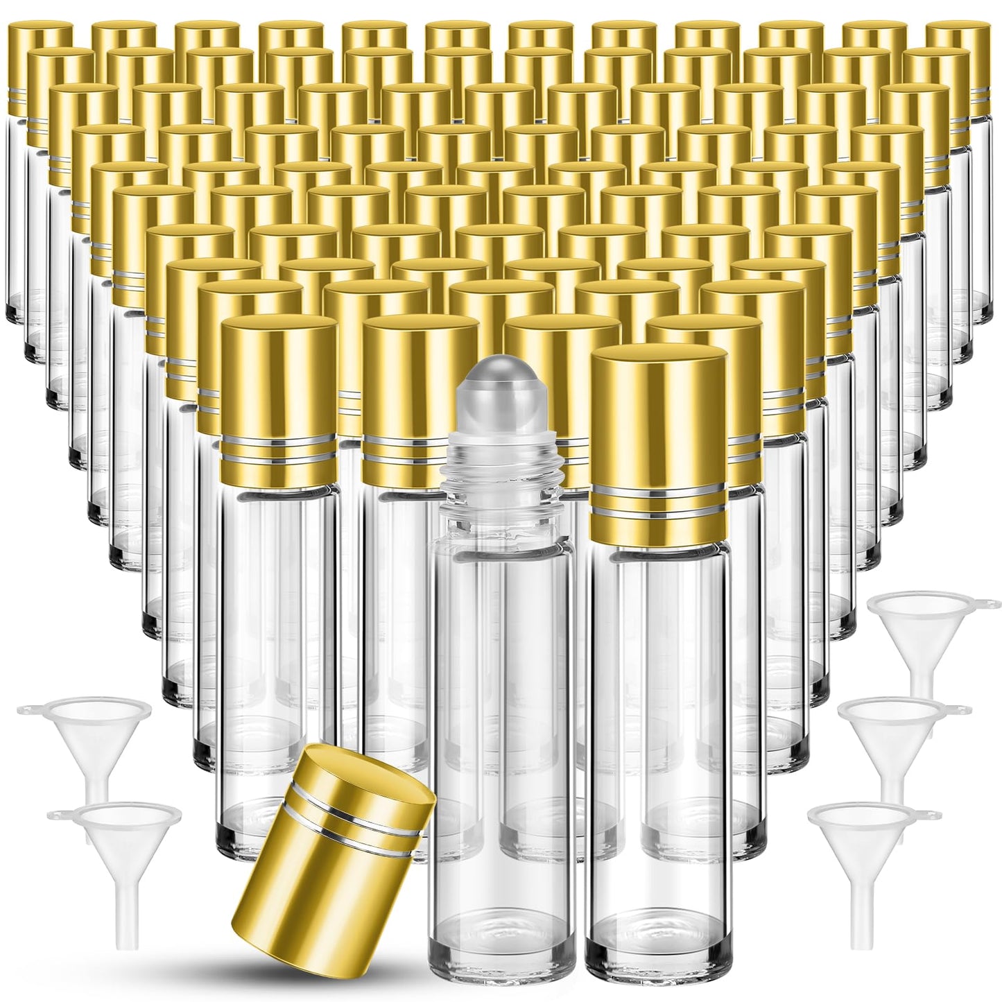 SEEWEY 96 Pcs Essential Oil Roller Bottles 10ml Empty Glass Roller Bottles with Stainless Steel Balls Protection Leakproof with 5 Funnel for Travel Perfume Lip Gloss(Clear, Gold Lid)