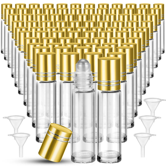 SEEWEY 96 Pcs Essential Oil Roller Bottles 10ml Empty Glass Roller Bottles with Stainless Steel Balls Protection Leakproof with 5 Funnel for Travel Perfume Lip Gloss(Clear, Gold Lid)