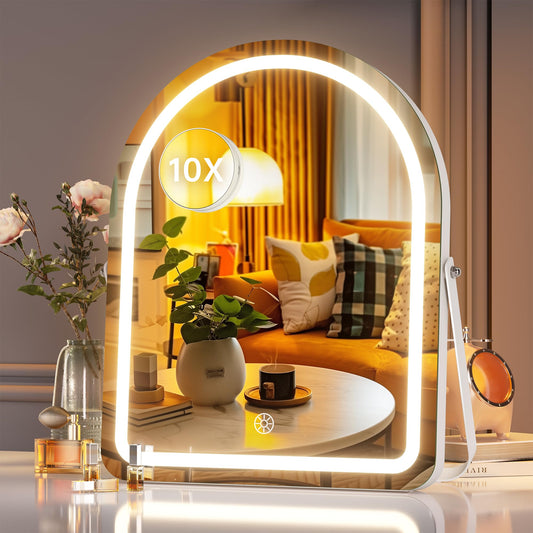 Hasipu Vanity Mirror with Lights, 12"× 14" Arched LED Makeup Mirror, Lighted Makeup Mirror with Lights, Smart Touch Control Dimmable 3 Modes Light 360°Rotation White