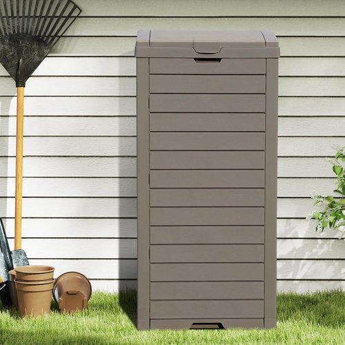 DWVO 38 Gallon Outdoor Trash Can - Waterproof Resin Garbage Bin with Lid & Drip Tray | Easy to Clean, Taupe
