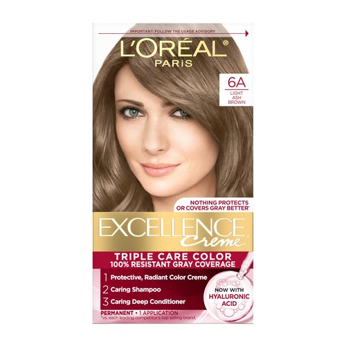 L'Oreal Paris Excellence Crème Permanent Hair Dye, Triple Care Hair Color with Hyaluronic Acid for 100% Gray Coverage, 6A Light Ash Brown, 1 Kit (Packaging May Vary)