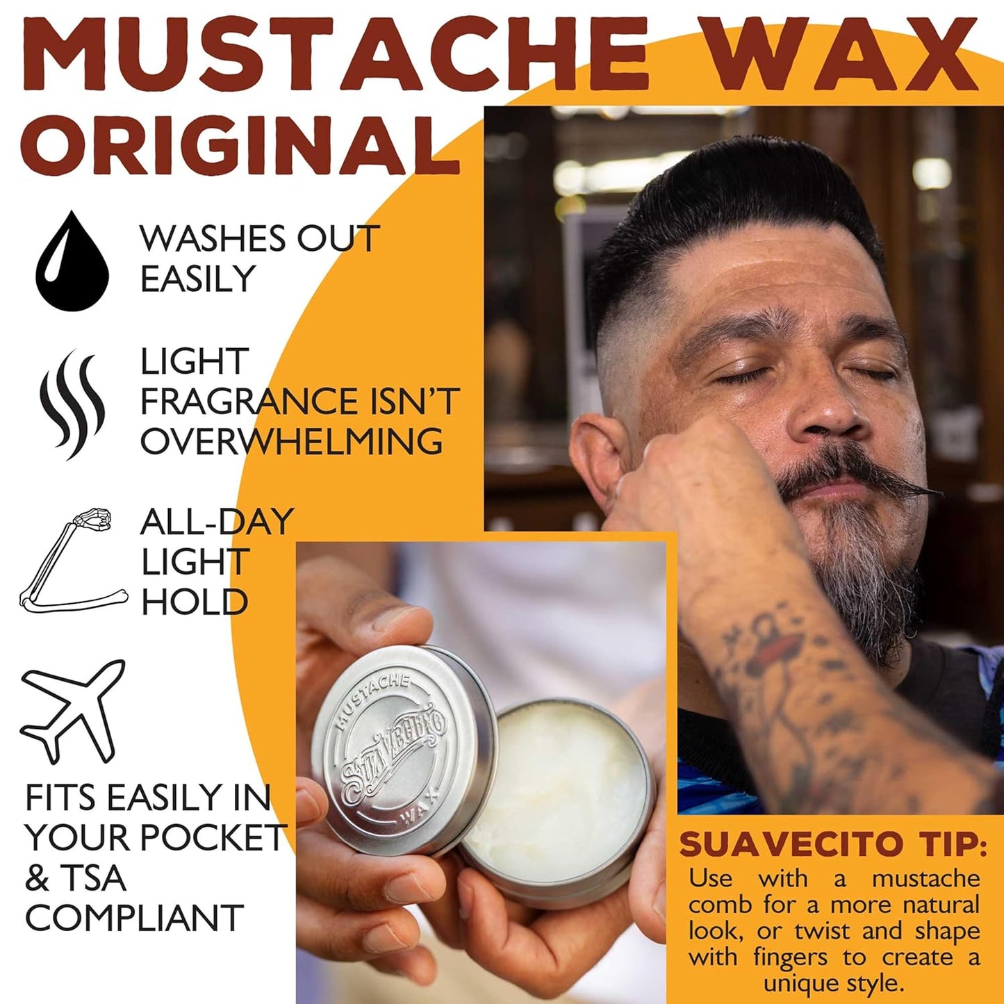 Suavecito Mustache Wax - Original Scent, All-Day Hold, 1.5 oz Portable Tin for Grooming & Styling