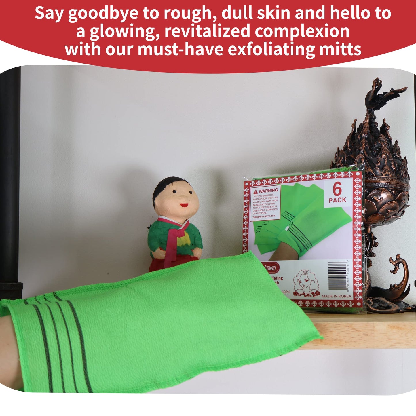 etreetowel Extra Large Size 9.9" x 5.5" (6 PCs) Korean Asian Exfoliating Bath Washcloths Mitt Scrub for Body washcloth Glove Viscose Rayon Towel for Soft Skin Korea Made