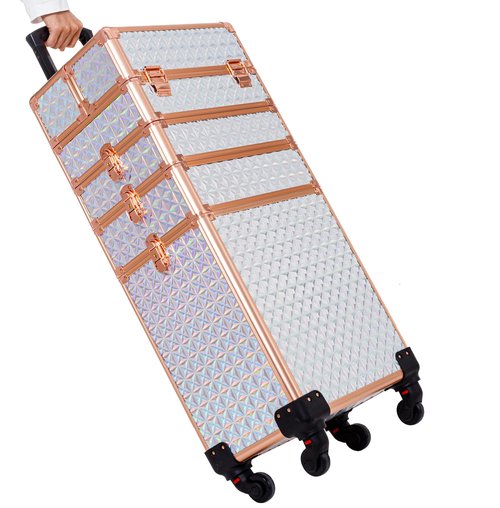 AROUS 5 in 1 Professional Makeup Train Case Aluminum Cosmetic Case Rolling Makeup Case Extra Large Trolley Makeup Travel Organizer, with 360° Swivel Wheels, White and Gold, JG0001
