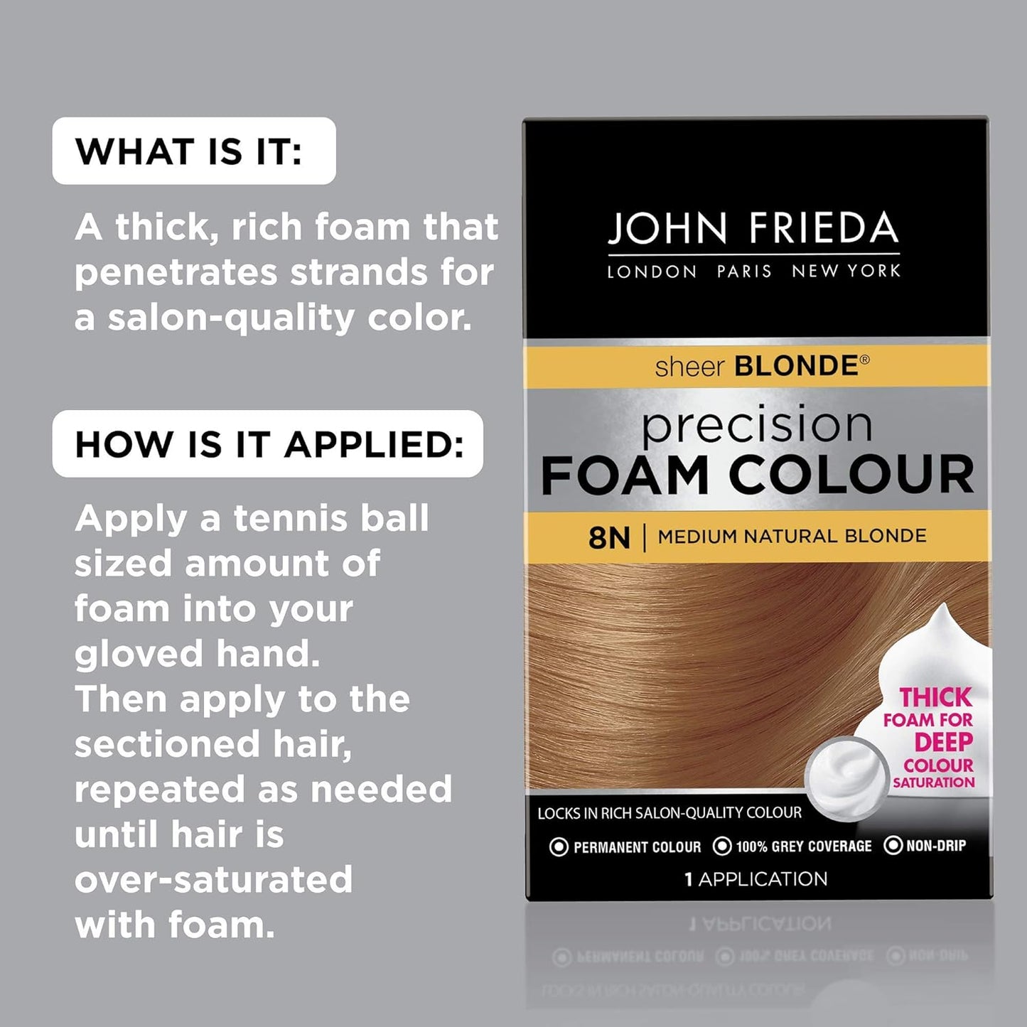 John Frieda Precision Foam Colour - Medium Natural Blonde 8N Hair Color Kit | Full-Coverage, Anti-Fade Formula