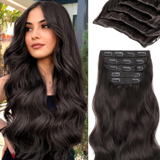 KooKaStyle Hair Extensions 5PCS Long Wavy Upgrate Invisible Full Coverage Edges Seamless Clip in Extensions for Women 20 Inch Dark Brown Synthetic Natural Hairpieces