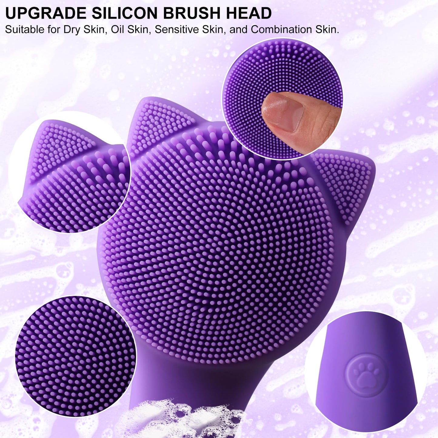Facial Cleansing Brush, Silicone Face Scrubber Exfoliator for Men & Women, Electric Facial Brush Waterproof, with 3 Speeds Adjustable for Deep Cleaning, Removing Blackhead, Face Massaging (Purple)