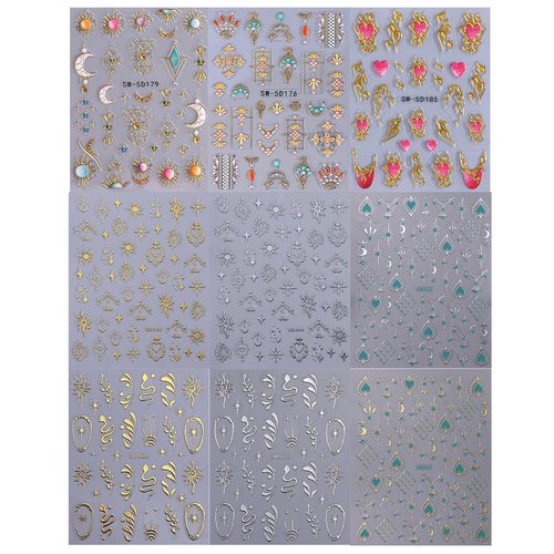 Sun Nail Stickers Decals 9 Sheets Bohemian Style Nail Art Stickers 5D/3D Embossed Self Adhesive Moon Star Heart Flame DIY Metallic Designs Gothic Decoration Supplies Nail Accessories for Women