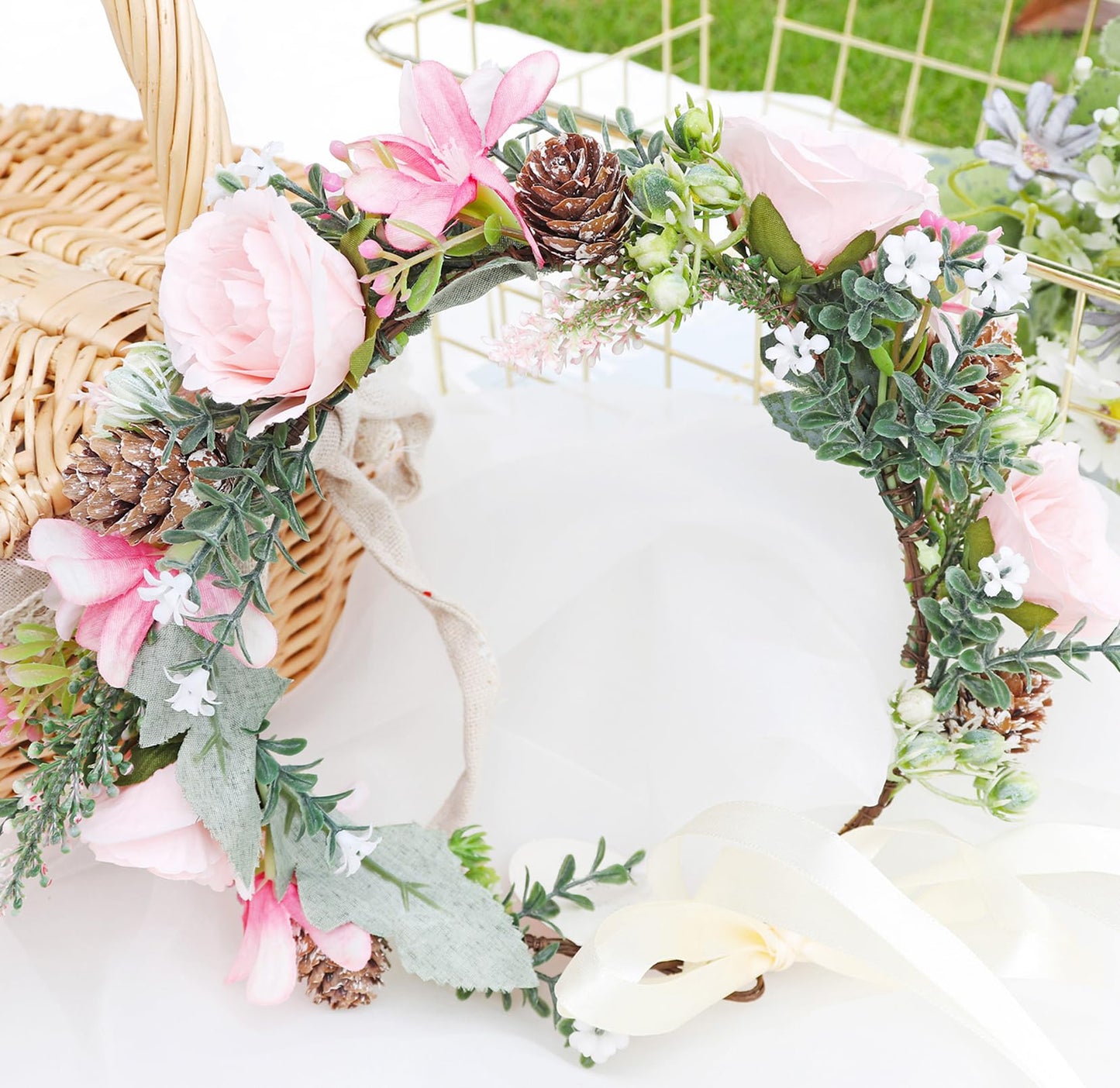 Vivivalue Floral Crown Girl Flower Headband Hair Wreath Floral Headpiece Halo Boho with Ribbon Wedding Party Festival Photos