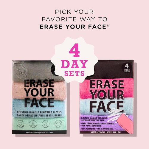 ERASE YOUR FACE Reusable Makeup Remover Cloths - Water-Activated Microfiber Towels for Sensitive Skin - 4 Multi-Color Pack