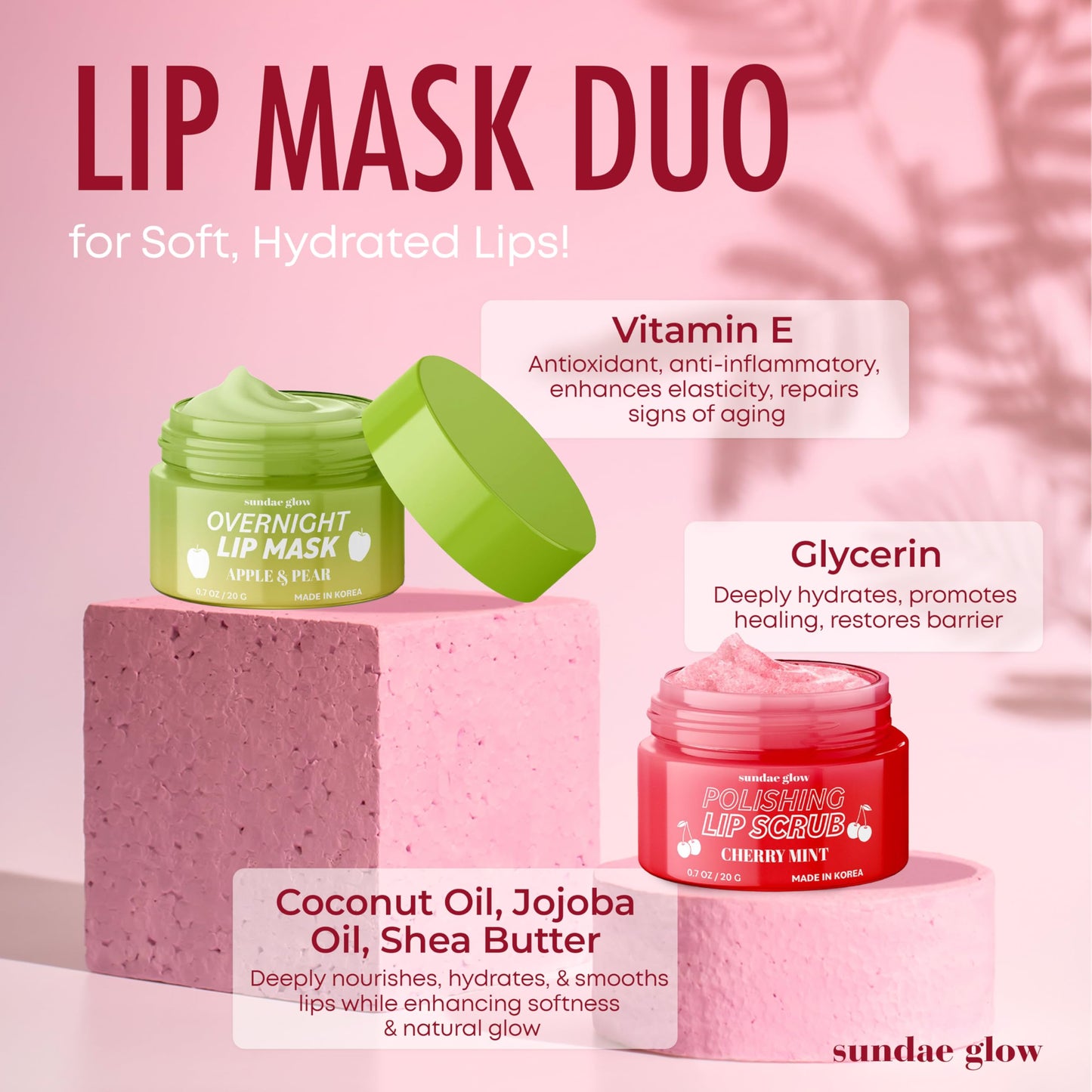 Sundae Glow Apple, Pear, Cherry & Mint Lip Mask and Scrub - Dermatologist Tested, Hydrating & Exfoliating, Korean Skin Care, Nourishes, Softens & Brightens Lips - Vegan & Natural - 1 Pack