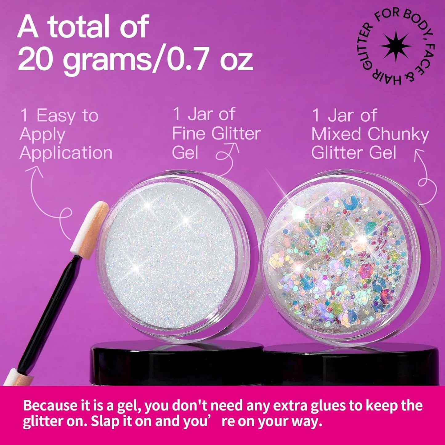 Teenitor Face Glitter Set - 2pcs Versatile Body & Hair Glitter Gel, 20g/0.7oz, White Makeup Essentials