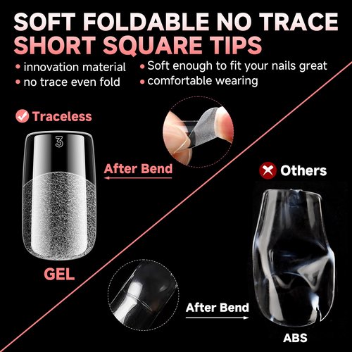 UNA GELLA 600Pcs Short Square Gel Nail Tips, Square Press on Nails Pre Etched Full Cover Soft Gel Nail Tips No C Curve For Women Girl DIY French & Chrome Style Salon At Home 12 Sizes