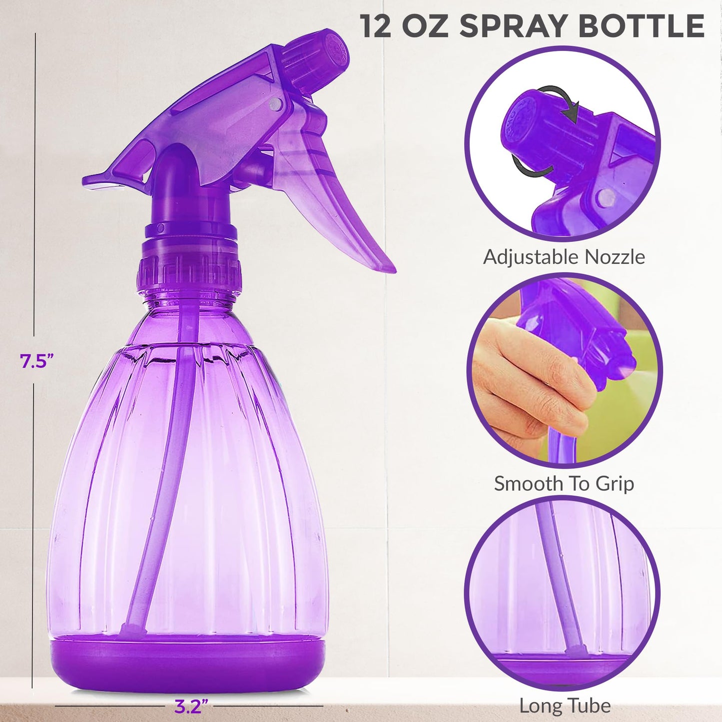 DilaBee Spray Bottles (12 Oz) Water Spray Bottle for Hair, Plants, Cleaning Solutions, Cooking, BBQ, Squirt Bottle for Cats - Empty Spray Bottles - BPA-Free - Multicolor (Purple, 1 Pack)