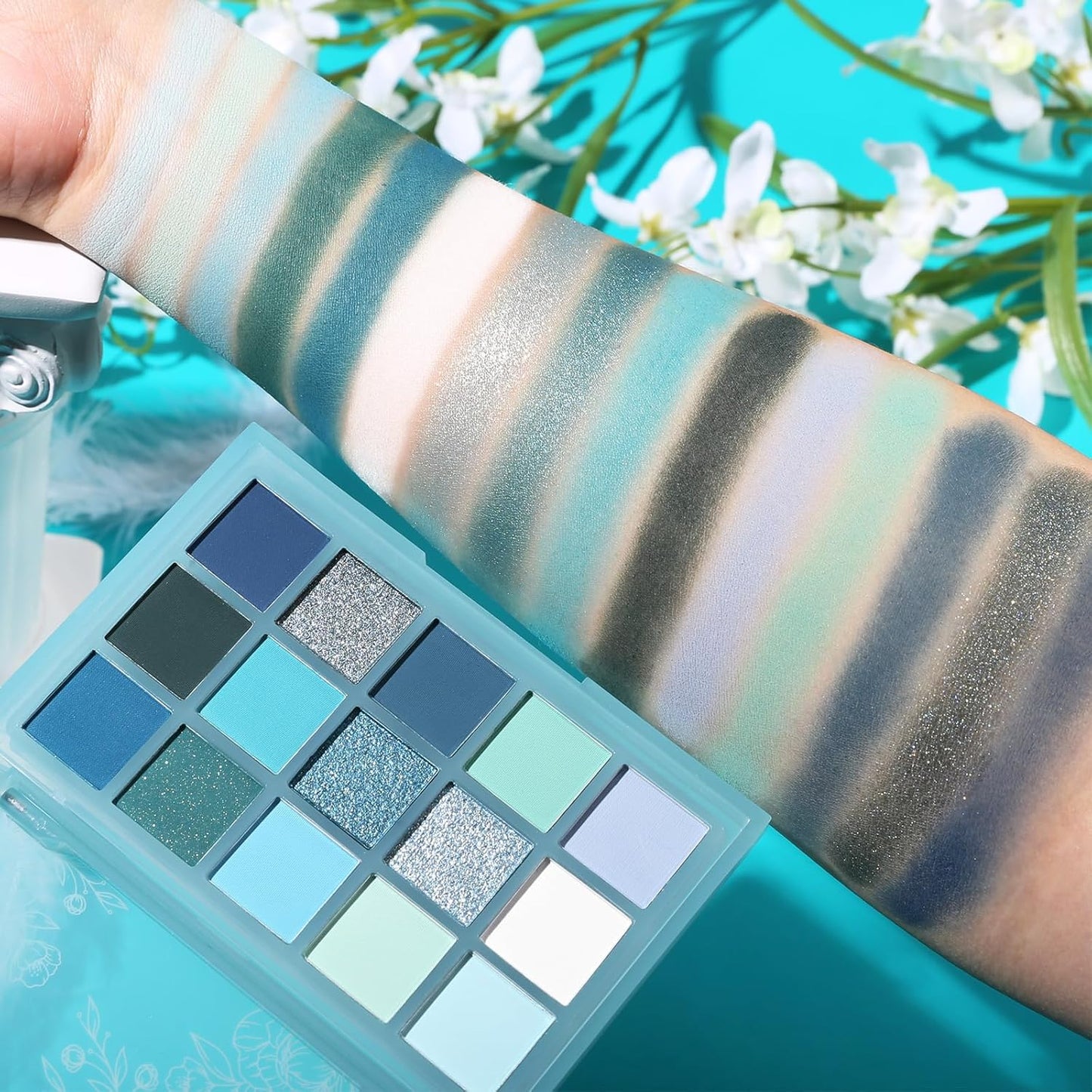 UCANBE 15 Color Eyeshadow Palette - High Pigmented Shimmer & Matte Shades | Cool Tones in White, Blue, Green, Mint, Teal, Navy