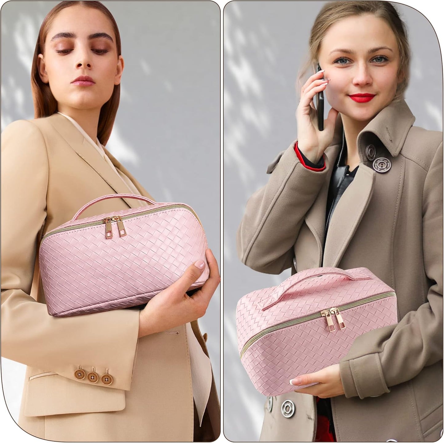 SFXULIX Large Capacity Travel Cosmetic Bag - Waterproof PU Leather Makeup Organizer | Pink with Handle & Divider