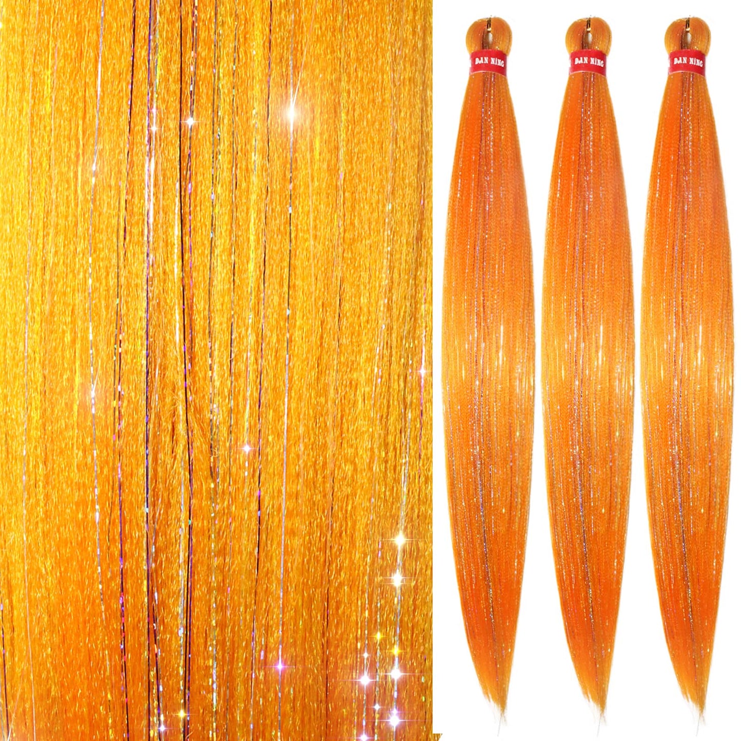 Glitter Orange Festival Pre Stretched Braiding Hair with Tinsel Shinny 30 Inch Box Braid Hair Extensions 3 Packs Yaki Texture Easy to Use