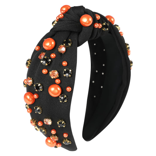 Gmmidea Halloween Pearl Knotted Headbands for Women Sparkly Beaded Crystal Embellished Headband Wide Top Knot Black Pumpkin Hairband Fancy Girls Halloween Hair Accessories Outfits