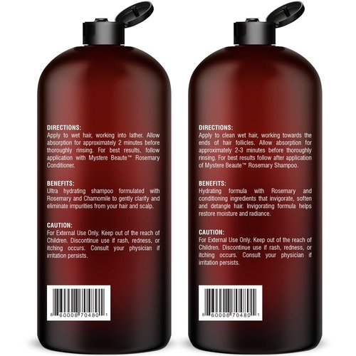 MYSTÉRE BEAUTÉ Rosemary Shampoo and Conditioner Set for Hair Growth - 16 oz Each - Sulfate Free with Biotin, Keratin & Argan Oil - Strengthens, Thickens & Reduces Thinning for Men and Women