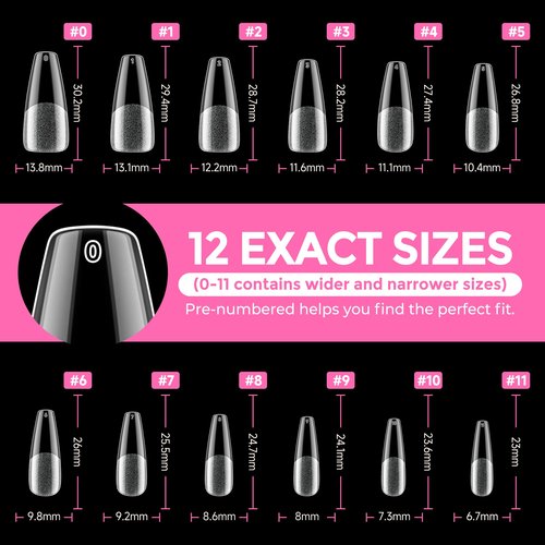 UNA GELLA Long Coffin Nail Tips: 216pcs Coffin Acrylic Fake Nails Full Cover Gel Nail Tips Press On Nails Clear Tips for Nail Extension DIY Salon 12 Sizes