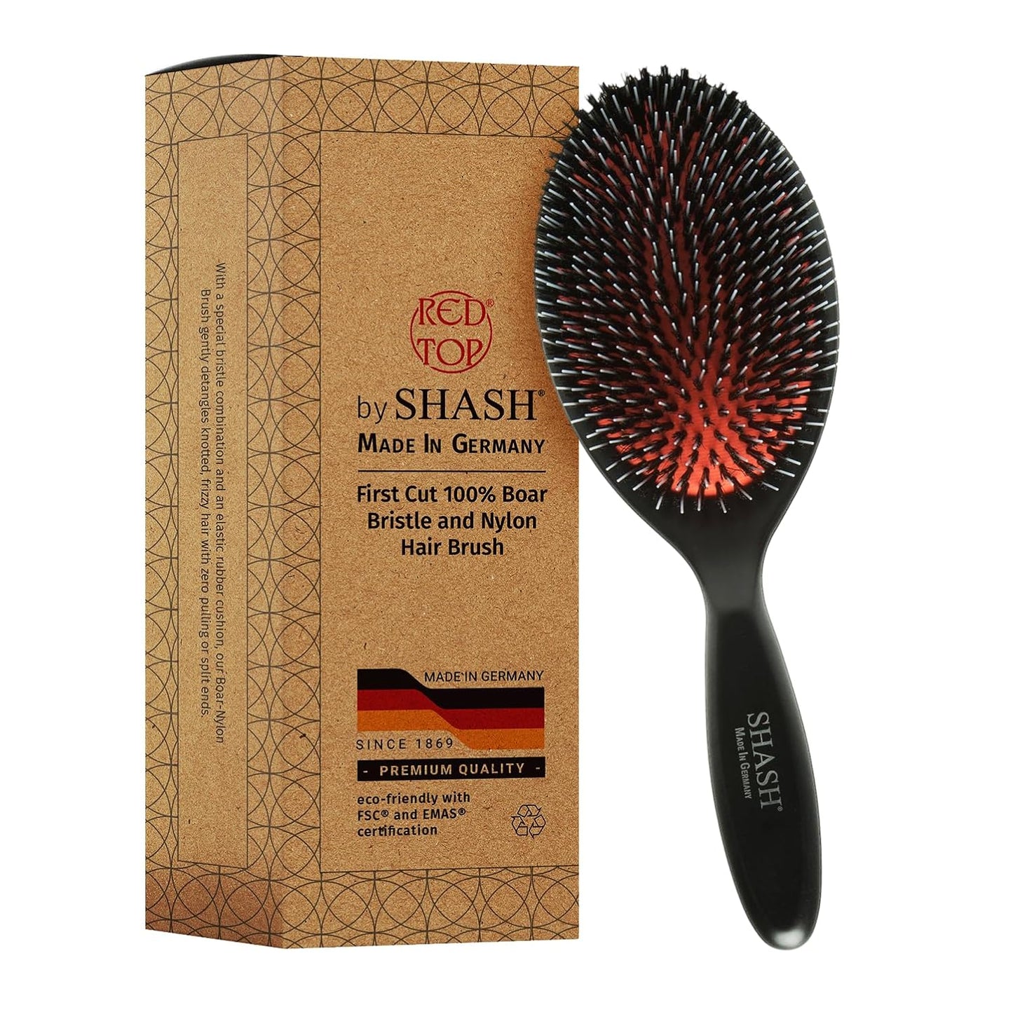 Since 1869 Boar Bristle Brush - Handmade in Germany for Normal to Thick Hair - Gently Detangles & Softens (Large)