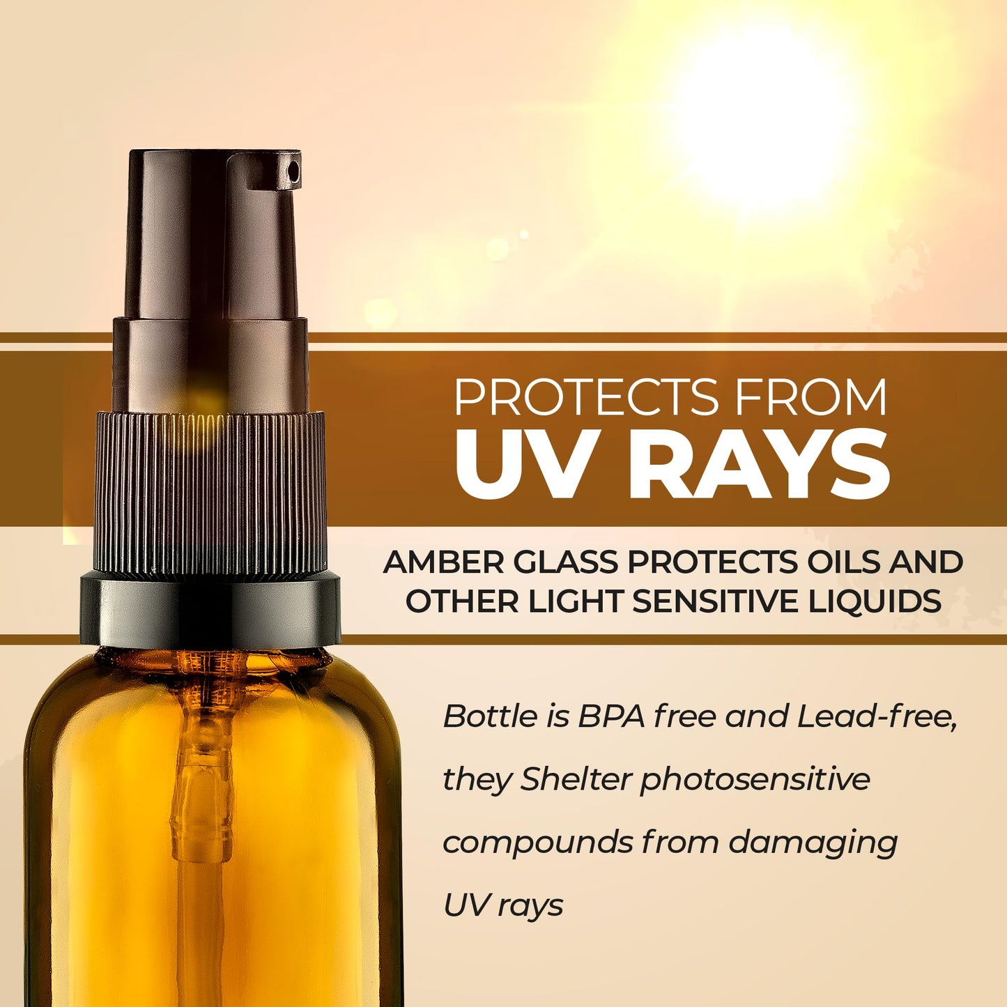 VitalUp 3 Pack Empty Refillable Glass Amber Pump Bottle Ideal for Lotion Cream Essential Oil Travel Small Container, 30ml