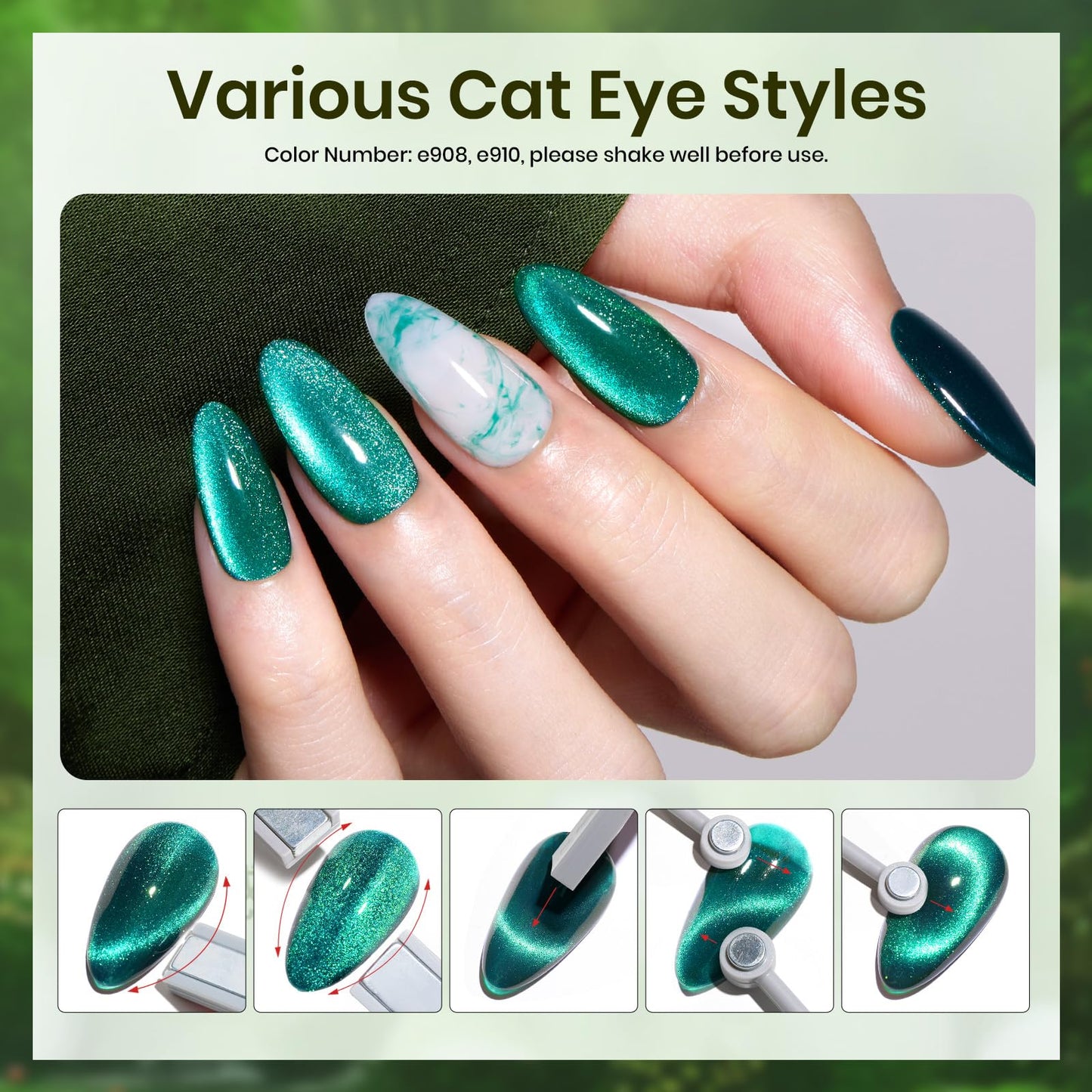 Beetles Gel Polish Green Gel Nail Polish Set, Cat Eye Jelly Gel Polish with Color Swatch Dots Magnet, 6 Color Glitter Enchanted Forest Theme for Salon Gel Manicure Nail Art DIY at Home
