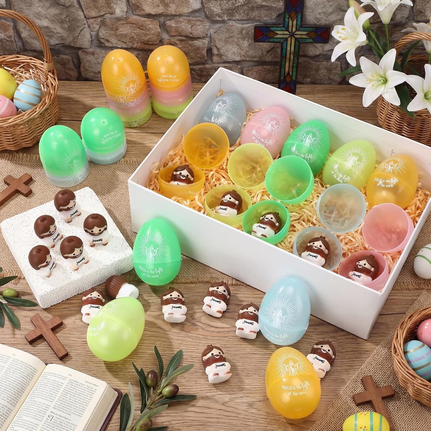 Skiennix Easter Gift Set - 25 Prefilled Glow-in-the-Dark Eggs with Jesus Love You Stress Balls | Perfect for Egg Hunts and Church Events