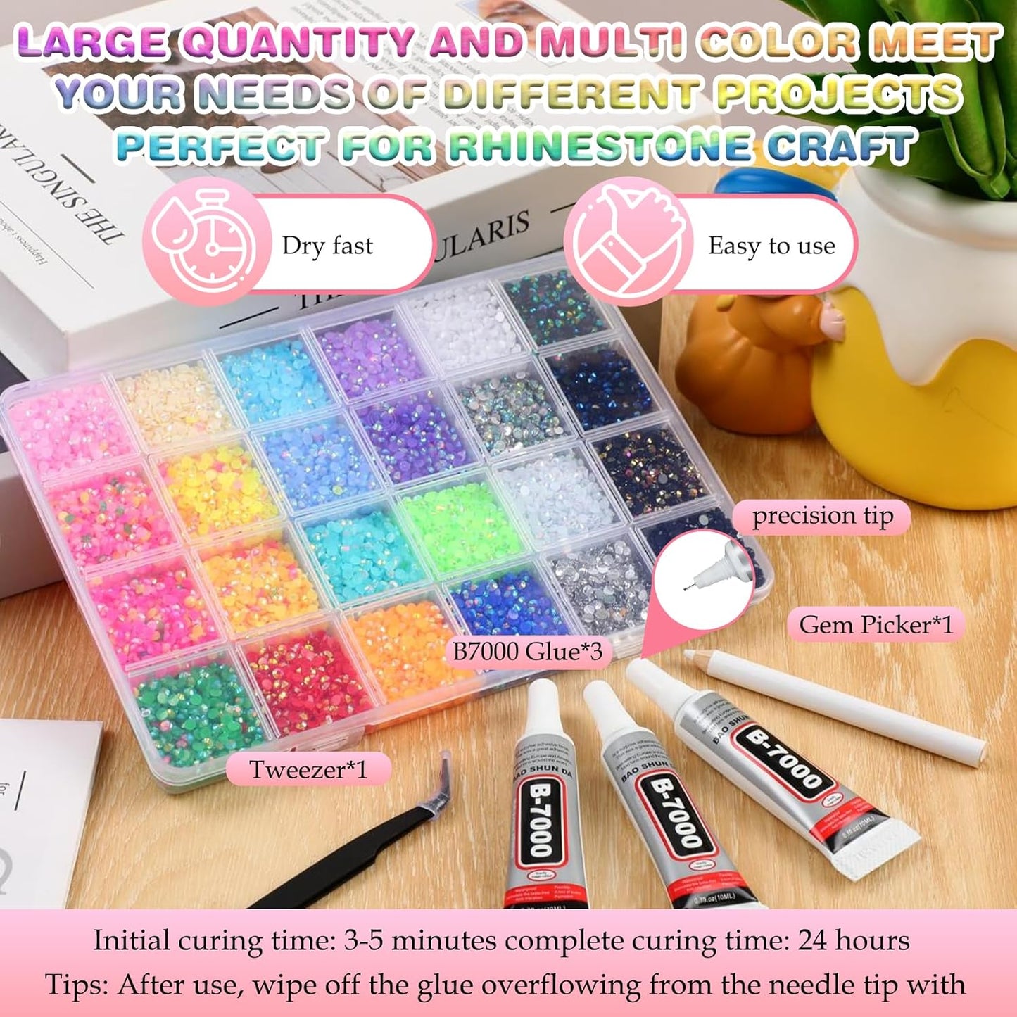 Multicolor High-Gloss Resin Flatback Rhinestones (3mm) with 3Pcs B7000 Jewelry Glue - DIY Bedazzling Kit for Diamond Art, Nail Art & Crafts (32000)