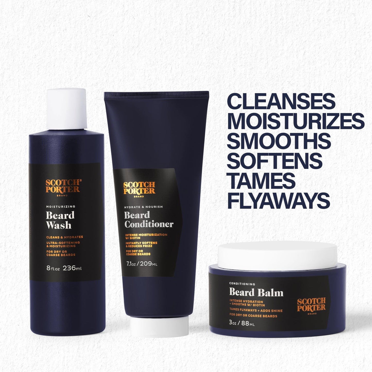 Scotch Porter Beard Wash, Conditioner & Balm – Cleanse, Moisturize, Hydrate, Soften & Style Coarse, Dry Facial Hair while Encouraging Growth for a Fuller, Healthier-Looking Beard