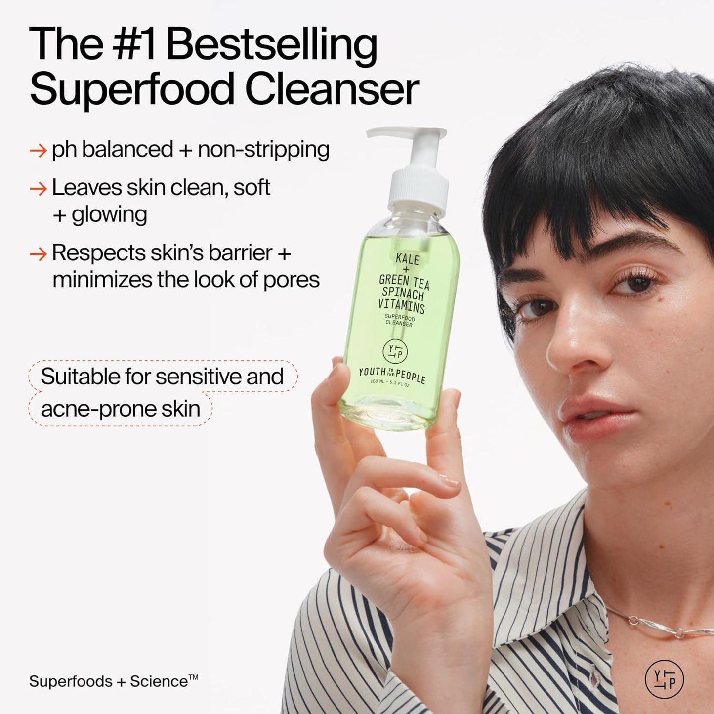 Youth To The People Superfood Facial Cleanser - Kale + Green Tea Daily Face Wash, Gentle Makeup Remover, with Soothing Antioxidants for Glowing Skin, pH Balance, Clean Pores, Sulfate-free, Refillable