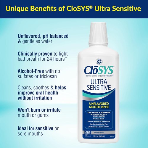 CloSYS Ultra Sensitive Mouthwash - Alcohol-Free, Unflavored, pH Balanced, 32 Oz for Soothing Relief