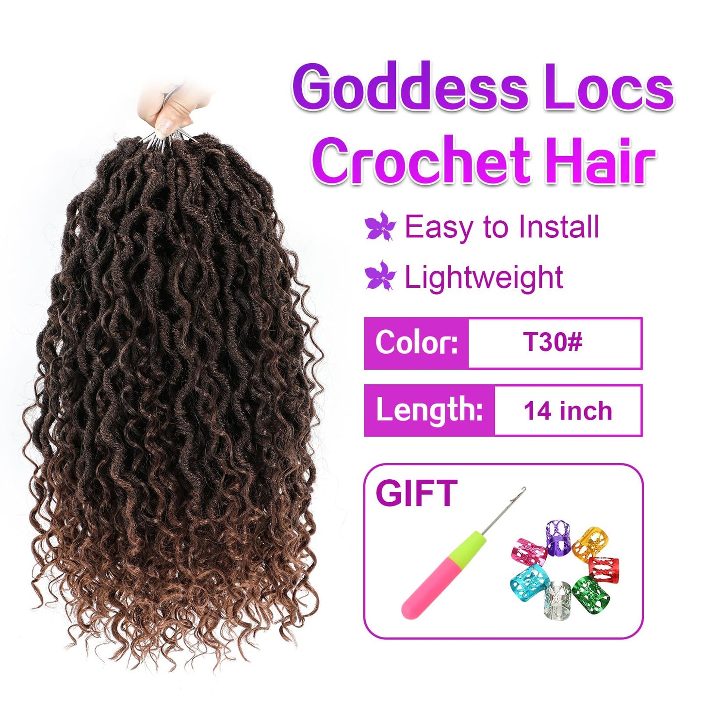 Goddess Locs Crochet Hair 14Inch 8 Packs Pre Looped Faux Locs Crochet Hair Bohemian Crochet Braids Hair for Black Women T30