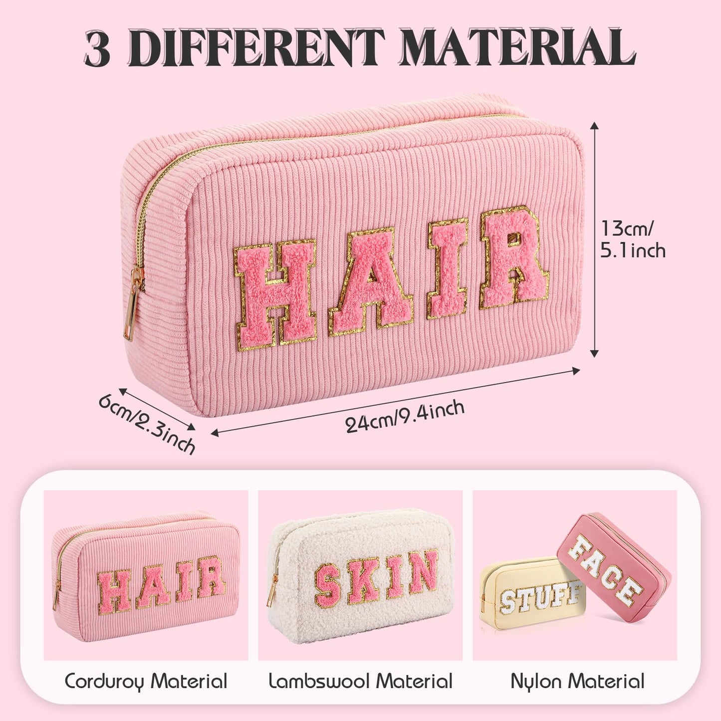 Kajaia 4 Pcs Preppy Makeup Bags Chenille Letter Stuff Bag Cute Cosmetic Pouch Cases for Women Trave Toiletry spend the night(Beige, Powder, Milk White, Pink,Grace)